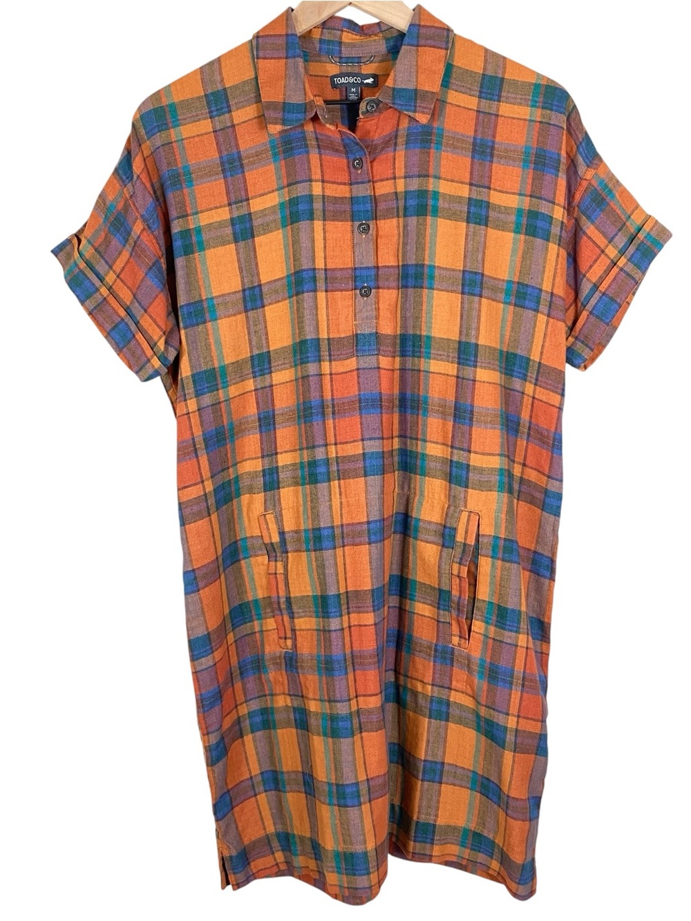 Toad & CO Plaiditude Hartland Short Sleeve Shirt Dress M Plaid Kangaroo Pocket